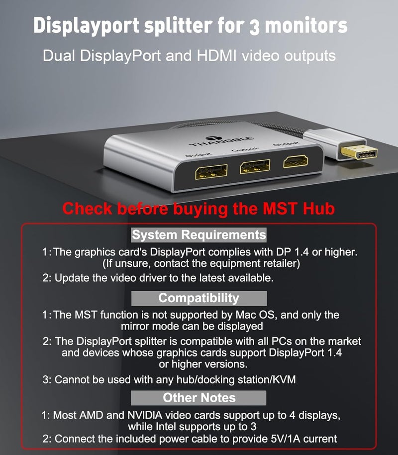 THANDBLE DisplayPort to Dual DisplayPort with HDMI Adapter 4K@60Hz, Extended Display 1 in 3 Out MST Hub for Multiple Monitors Compatible with PC,NVIDIA/AMD Graphics Card - Image 4